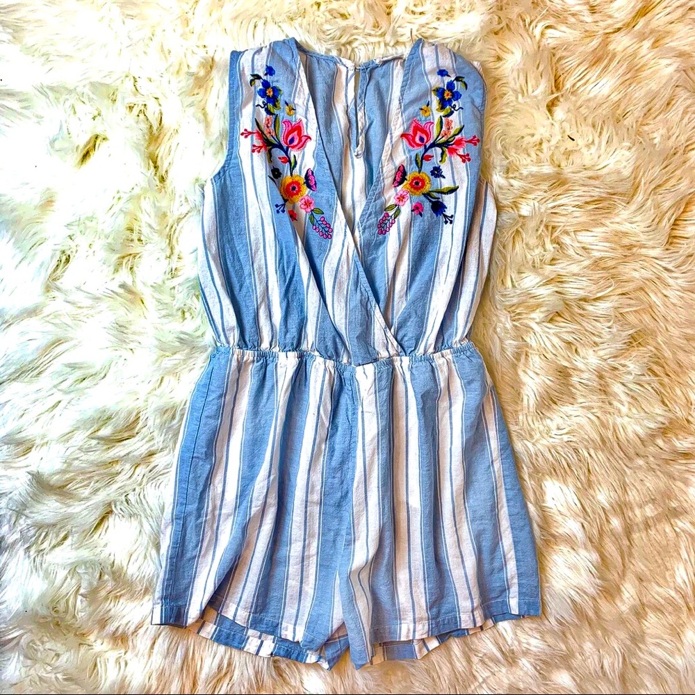 Blu Pepper | Striped Floral Embroidered Romper